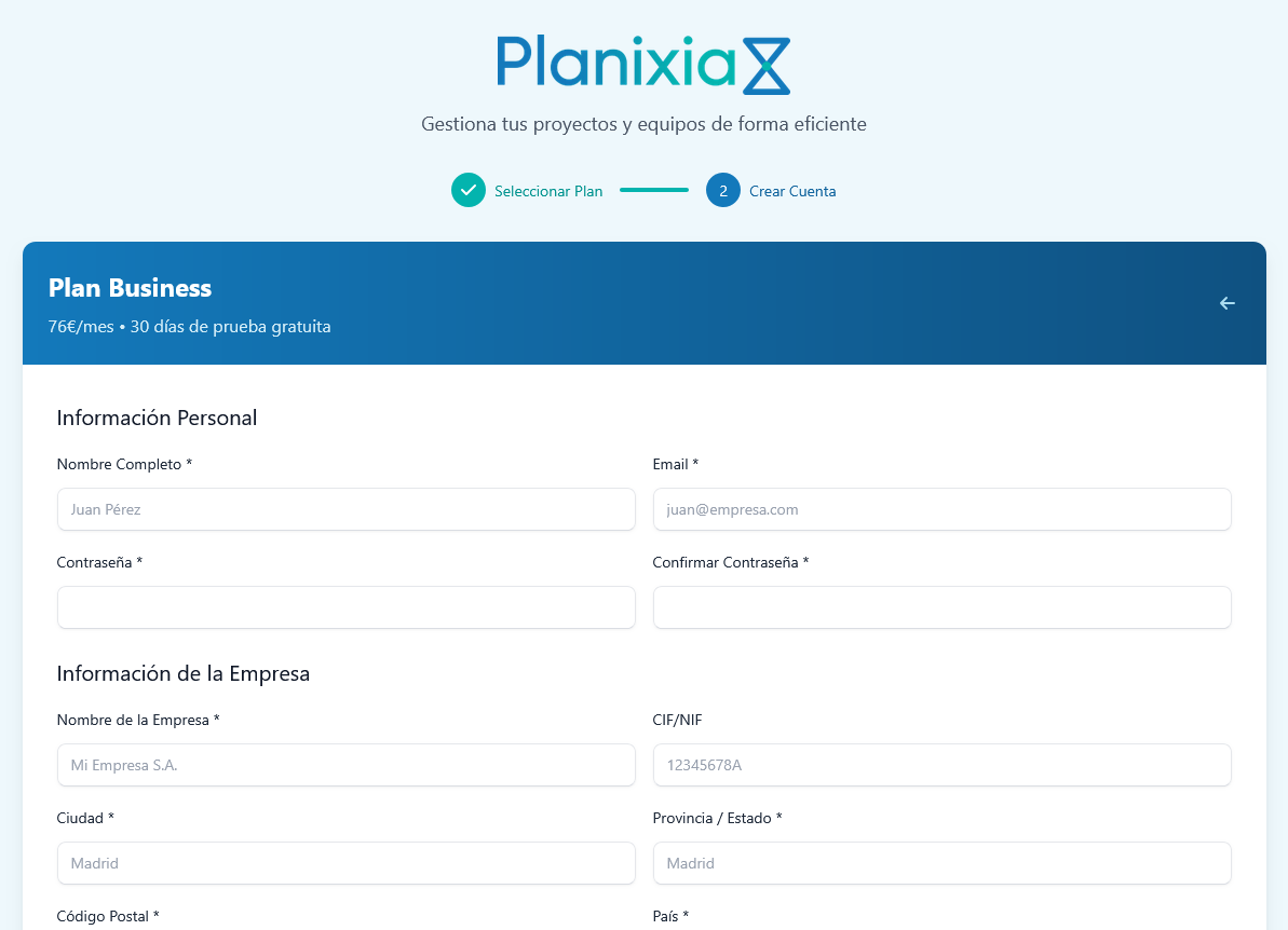 Registro de cuenta en Planixia